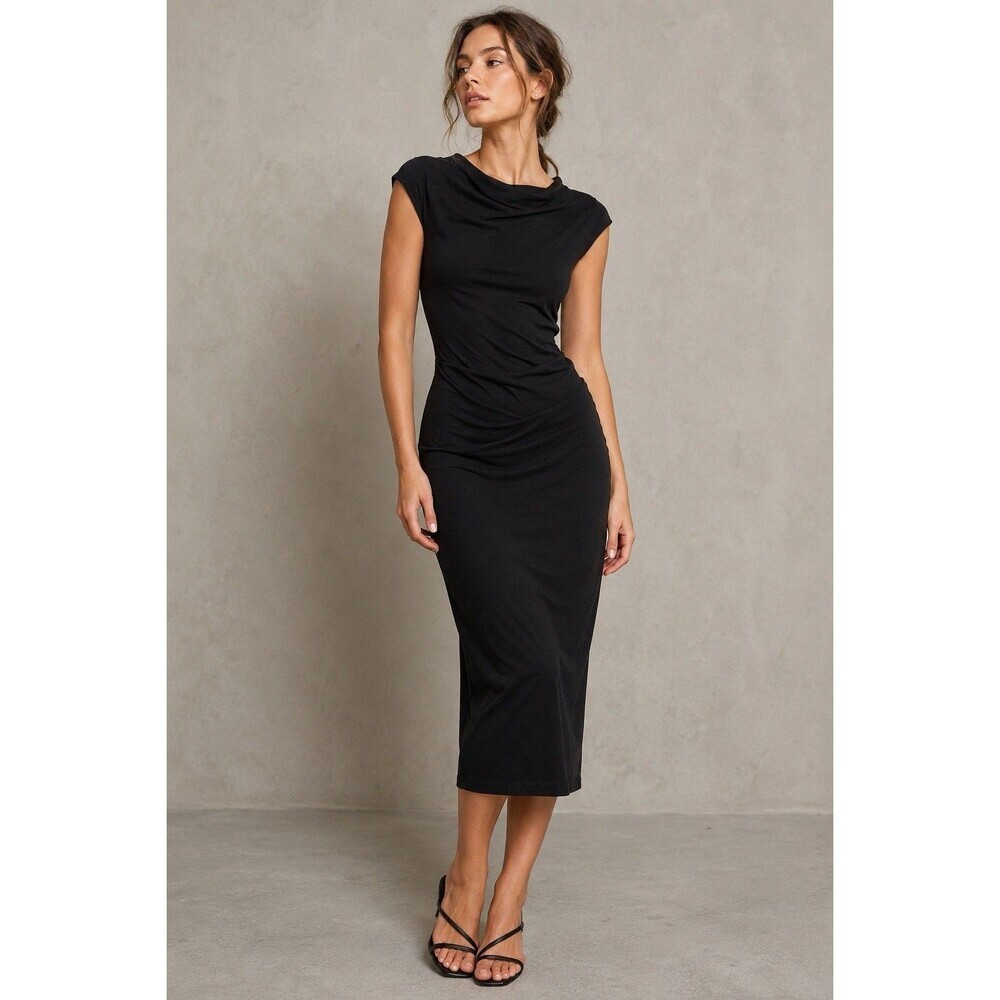James Perse Black Draped Cap Sleeve Midi Dress Ruched Stretch Minimalist 3 Large